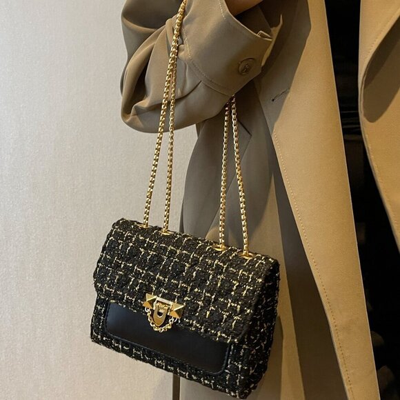 Black Elegant Women's Plaid Thick Small Square Bag Shoulder Bag - Picture 5 of 8